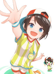  1girl absurdres arm_up backwards_hat blue_eyes brown_hair chibi chibi_inset commentary_request hat highres hololive looking_at_viewer oozora_subaru oozora_subaru_(1st_costume) open_mouth red_hat shirt shorts smile solo stopwatch stopwatch_around_neck striped_clothes striped_shirt u_da_desu virtual_youtuber whistle whistle_around_neck white_background white_shirt white_shorts yellow_shirt 
