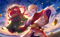  1boy :d blonde_hair clouds colorful_palette confetti game_cg gradient_hair highres japanese_clothes kimono kouhaku_nawa male_focus multicolored_hair official_art project_sekai red_kimono rope shimenawa shinshun!_shishimai_robo_no_oshougatsu_show!_(project_sekai) short_hair smile solo sparkle tenma_tsukasa third-party_source tongue torii wide_sleeves yellow_eyes 