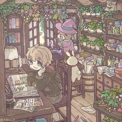  1boy ahoge animal barrel bear blue_eyes book bookshelf brown_hair cauldron chair chigu closed_mouth commentary_request green_hoodie grey_pants hat head_rest highres hood hood_down hoodie indoors inkwell lamp long_sleeves male_focus mixing open_book original pants pencil plant potted_plant purple_hat quill rabbit short_hair sitting solo standing table thick_eyebrows twitter_username witch_hat wooden_floor 