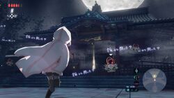  1girl bamboo black_boots black_shorts black_sky bodystocking boots cloak commentary_request foot_out_of_frame from_behind full_moon hood hood_up hooded_cloak japanese_clothes lace-up_boots leg_up magia_record:_mahou_shoujo_madoka_magica_gaiden mahou_shoujo_madoka_magica miko miniskirt moon night outdoors parody path pink_hair pink_skirt pleated_skirt samidare_(hoshi) short_hair shorts shorts_under_skirt skirt sky stairs tamaki_iroha the_legend_of_zelda the_legend_of_zelda:_breath_of_the_wild thigh_boots user_interface uwasa_(madoka_magica) white_cloak wind 