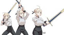  1girl :o ahoge arms_up artist_name artoria_pendragon_(fate) blonde_hair braid braided_bun breasts closed_mouth collared_shirt commentary_request excalibur_(fate/stay_night) fate/stay_night fate_(series) green_eyes hair_bun highres holding holding_sword holding_weapon korean_commentary multiple_views pants pirata_(gailtonatiu) saber_(fate) shirt sword weapon white_shirt 