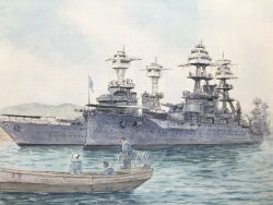  3boys atelier_bono battleship boat clouds cloudy_sky commentary_request flag highres mast military_uniform military_vehicle multiple_boys naval_uniform naval_working_uniform original painting_(medium) pearl_harbor ship ship_turret sky smokestack traditional_media united_states_navy uss_maryland_(bb-46) uss_oklahoma_(bb-37) warship watercolor_(medium) watercraft 