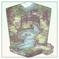  6+girls :d alice_margatroid blonde_hair blue_hair border bow brown_hat bug chigu cirno closed_eyes commentary_request day dragonfly flandre_scarlet flying forest hair_bow hat highres moriya_suwako multiple_girls nature open_mouth outdoors outside_border red_bow remilia_scarlet river rumia shanghai_doll short_hair smile stairs standing touhou tree twitter_username unworn_headwear water waterfall white_border 