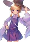  1girl :/ absurdres blonde_hair blush breasts cowboy_shot hair_ribbon hand_on_own_hip hand_up hat highres leste_(humansequencer) moriya_suwako purple_skirt ribbon short_hair_with_long_locks simple_background skirt skirt_set small_breasts solo thigh-highs touhou vest violet_eyes white_background wide_sleeves 