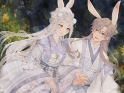  1boy 1girl animal_ears baishuo_(shining_nikki) blue_bow blue_hanfu bow breasts brown_hair chinese_clothes circlet commentary_request couple cowboy_shot crescent eyelashes faint_moon_dew_(shining_nikki) fake_animal_ears fingernails flower frilled_sleeves frills hair_between_eyes hair_bow hair_ornament hanfu happy hetero highres hino_(8) holding_hands jacket light_blush lipstick long_hair long_sidelocks long_sleeves makeup medium_breasts night nikki_(series) open_mouth orange_eyes outdoors pink_lips pom_pom_(clothes) pom_pom_hair_ornament ponytail purple_hanfu qingyue_(shining_nikki) rabbit_boy rabbit_ears shining_nikki sidelocks smile teeth upper_teeth_only very_long_hair walking white_hair white_jacket wide_sleeves yellow_eyes yellow_flower 