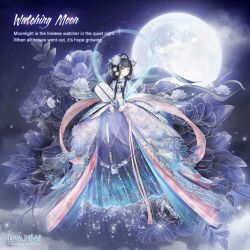  1girl artist_request black_hair blue_eyes blunt_bangs character_name chinese_hairpin closed_mouth clouds copyright_logo dot_nose english_text expressionless floral_print flower full_body full_moon hagoromo hair_bun hair_flower hair_ornament hairclip half_updo hand_fan holding holding_fan light_particles logo long_hair long_sidelocks long_sleeves looking_to_the_side lotus miracle_nikki moon night nikki_(series) official_art outdoors pink_shirt print_robe purple_hanfu robe shawl shirt sidelocks single_hair_bun sitting sky solo sparkle star_(sky) starry_sky straight_hair third-party_source tiara tuanshan very_long_hair watching_moon_(miracle_nikki) white_flower white_robe wide_sleeves 