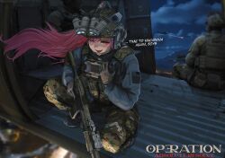  1girl 2boys aircraft american_flag ammunition_pouch assault_rifle body_armor bulletproof_vest camouflage camouflage_headwear camouflage_pants combat_helmet dgkamikaze ear_protection fast_helmet flashlight girls_frontline gloves gun headset helicopter helmet highres holding holding_gun holding_weapon laser_sight load_bearing_vest magazine_(weapon) military military_combat_uniform military_operator military_uniform multiple_boys nicolas_maduro night_vision_device optical_sight pants pink_hair pouch radio red_eyes rifle sig_mcx sig_mcx_(girls'_frontline) squatting suppressor tactical_clothes walkie-talkie weapon 
