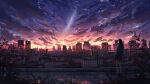  1girl absurdres artist_name building city cityscape clouds commentary_request dawn facing_away hands_in_pockets headphones highres jacket long_hair milky_way original plant railing scenery skirt sky skyscraper solo standing star_(sky) starry_sky yu_jing 