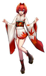 1girl :d absurdres adapted_costume ange_katrina ange_katrina_(new_year) ankle_boots bare_legs black_sash blue_eyes boots brown_boots brown_sash commentary crossed_bangs floral_print floral_print_kimono full_body fur-trimmed_kimono fur_trim furisode gradient_clothes gradient_kimono hair_between_eyes hair_intakes hands_up highres japanese_clothes kimono knees_together_feet_apart lace-up_boots light_blush long_sleeves looking_at_viewer multicolored_sash nijisanji obi obiage obidome obijime open_mouth platform_boots print_kimono red_hair red_kimono red_sash sash short_kimono simple_background smile solo standing standing_on_one_leg tatamatsu virtual_youtuber white_background white_kimono 