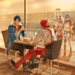  2boys 2girls aaron_wei agnes_claudel blue_eyes chair closed_eyes coat cropped_jacket dog_tags eating eiyuu_densetsu feri_al-fayed food green_eyes hat headband holding holding_spoon ice_cream kuro_no_kiseki long_hair mikamikiseki multicolored_hair multiple_boys multiple_girls ponytail redhead shoes short_hair sitting sneakers spoon sundae two-tone_hair van_arkride 