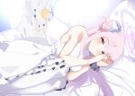  1girl absurdres angel_wings bare_arms bare_shoulders blue_archive dress halo hattimitsu_(hatelimitu) highres looking_at_viewer mika_(blue_archive) pantyhose pink_hair solo white_dress white_pantyhose white_wings wings yellow_eyes 