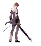 1boy black_footwear blonde_hair blue_eyes closed_mouth coattails from_behind full_body hair_between_eyes highres holding holding_sword holding_weapon holostars jacket kishido_temma looking_at_viewer looking_back male_focus pants profile saku_(sakudeji) serious shaded_face shoes short_hair simple_background sleeve_cuffs solo standing sword virtual_youtuber weapon white_background white_jacket white_pants 