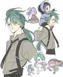  ._. 2girls ahoge androgynous arched_bangs black_gloves black_hair black_necktie black_pants blush_stickers bonnet clodsire closed_eyes closed_mouth collared_shirt colored_skin commentary_request dress earrings gloves green_hair grey_bonnet grey_dress grey_pupils grey_shoes hammer highres holding holding_hammer jewelry long_hair long_sleeves looking_at_viewer low-tied_long_hair multiple_girls necktie open_mouth pants pantyhose pink_hair pink_skin pkmnrkgk pokemon pokemon_(creature) pokemon_sv ponytail poppy_(pokemon) red_eyes reverse_trap riding riding_pokemon shirt shoes short_hair simple_background smile standing suspenders tinkaton triangle_earrings white_background yellow_pantyhose 