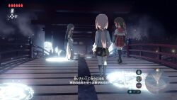  3girls bag black_shirt black_skirt black_sleeves black_socks blue_eyes blue_hair bridge brown_hair brown_shoes casual city expressionless full_body grey_skirt grey_vest hair_ribbon health_bar high-waist_skirt kamihama_university_affiliated_school_uniform kneehighs layered_sleeves light_particles long_hair long_skirt long_sleeves looking_at_another low_ponytail magia_record:_mahou_shoujo_madoka_magica_gaiden magic_circle mahou_shoujo_madoka_magica map miniskirt multiple_girls nanami_yachiyo night outdoors parted_lips pink_hair plaid_clothes plaid_skirt pleated_skirt ponytail red_sailor_collar red_skirt ribbon sailor_collar samidare_(hoshi) school_uniform shirt shoes short_over_long_sleeves short_sleeves shoulder_bag side_ponytail sidelocks skirt sleeveless sleeveless_shirt socks soul_gem straight_hair takarazaki_school_uniform tamaki_iroha the_legend_of_zelda the_legend_of_zelda:_breath_of_the_wild torii translation_request user_interface uwabaki very_long_hair vest walking white_shirt yellow_ribbon yui_tsuruno 