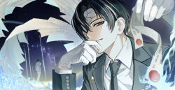  1boy absurdres black_hair black_necktie blue_fire blue_flower collared_shirt commentary_request enchaku fire flower gloves highres index_(identity)_(project_moon) korean_commentary limbus_company looking_at_viewer multicolored_hair necktie night parted_bangs parted_lips project_moon shirt sky solo star_(sky) starry_sky streaked_hair upper_body wax_seal white_gloves white_shirt white_streaks yi_sang_(project_moon) 