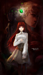  1boy 1girl alexis_leskinen black_pantyhose blue_eyes breasts clenched_hand dress_shirt high-waist_skirt highres hihei_xiaobai long_hair medium_breasts pantyhose red_hair science_adventure shiina_kagari shirt skirt steins;gate steins;gate_0 tagme very_long_hair 