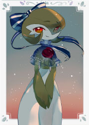 1girl backlighting blue_bow blue_capelet blue_ribbon bob_cut border bow capelet clothed_pokemon colored_skin commentary_request eyes_visible_through_hair flower frilled_capelet frills gardevoir gradient_background green_hair green_skin hair_bow hair_over_one_eye hair_ribbon happy highres light_particles looking_at_viewer multicolored_skin outside_border own_hands_together parted_lips pokemon pokemon_(creature) powerpuff_(pixiv_60944739) red_eyes red_flower red_rose ribbon rose see-through_capelet see-through_clothes short_hair simple_background smile solo standing two-tone_skin v_arms white_border white_skin 