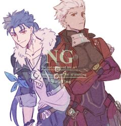  2boys archer_(fate) archer_(honkai:_star_rail)_(fate) artist_name bead_bracelet beads belt black_bodysuit black_jacket blue_hair blue_pants bodysuit bracelet brown_belt closed_mouth collarbone commentary_request crescent crescent_necklace crossed_arms cu_chulainn_(fate) cu_chulainn_(honkai:_star_rail)_(fate) cu_chulainn_(lancer)_(fate) dark-skinned_male dark_skin earrings fate/stay_night fate/unlimited_blade_works fate_(series) fur-trimmed_jacket fur_trim half-closed_eyes highres honkai:_star_rail honkai_(series) jacket jewelry lapels long_hair long_sleeves looking_at_viewer low_ponytail machi_(uqyjee) male_focus multiple_boys muscular muscular_male necklace open_clothes open_jacket pants pectorals ponytail red_eyes red_jacket shirt short_hair simple_background smile sparkle spiky_hair tassel upper_body watermark white_background white_hair white_shirt 