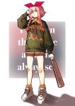  1girl absurdres alternate_costume arknights artist_name bandaid bandaid_on_knee bandaid_on_leg baseball_bat blue_eyes bow braid chemical_structure dated english_text gloves green_sweater hair_bow highres holding holding_baseball_bat may_(arknights) orange_shirt orange_socks pink_hair red_bow rryy shirt shoes short_hair_with_long_locks sneakers socks solo sweater twin_braids white_background white_footwear white_gloves 