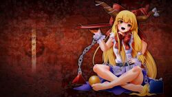  1girl :d alcohol arm_at_side barefoot bow bowtie brown_eyes brown_horns chain commentary_request cube cup fang floral_background frilled_cuffs full_body hair_bow hand_on_own_hip hand_up highres holding holding_cup horn_bow horn_ornament horns ibuki_suika indian_style kii_(mahoraba) long_hair long_sidelocks looking_at_viewer low-tied_sidelocks oni open_mouth orange_hair orb purple_skirt pyramid_(geometry) red_background red_bow red_bowtie sakazuki sake shirt sidelocks sitting skin_fang skirt sleeveless sleeveless_shirt smile solo touhou translation_request very_long_hair vignetting wallet_chain white_bow white_shirt white_wrist_cuffs wrist_cuffs 