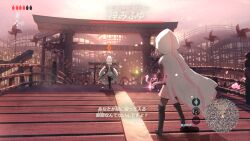  2girls aqua_eyes arrow_(symbol) azusa_mifuyu bare_shoulders battle black_boots black_choker black_coat black_gloves black_shorts black_sleeves black_thighhighs bodystocking boots bow bridge chakram choker cloak coat commentary_request crossbow detached_sleeves from_behind full_body fur-trimmed_coat fur_trim gloves glowing grey_boots grey_bow hair_between_eyes hair_bow hair_horns health_bar holding holding_behind_back holding_weapon holding_weapon_behind_back hood hood_down hood_up hooded_cloak hooded_coat huge_weapon light_particles looking_at_another magia_record:_mahou_shoujo_madoka_magica_gaiden magical_girl mahou_shoujo_madoka_magica map miniskirt multiple_girls outdoors parody parted_lips pendant_choker pink_hair pink_skirt pleated_skirt samidare_(hoshi) short_hair shorts shorts_under_skirt skirt sleeveless sleeveless_coat soul_gem sunrise tamaki_iroha the_legend_of_zelda the_legend_of_zelda:_breath_of_the_wild thigh-highs thigh_boots torii translation_request user_interface weapon white_cloak white_hair white_skirt zettai_ryouiki 