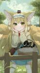  1girl absurdres animal_ear_fluff animal_ears arknights bag basket black_cat blonde_hair blue_hairband blue_skirt blush brown_bag cardigan cat closed_mouth commentary feet_out_of_frame fox_ears fox_girl fox_tail frilled_hairband frills green_eyes hair_ornament hair_scrunchie hairband handbag heixiu high-waist_skirt highres kitsune kyuubi long_hair long_sleeves luoxiaohei miaoema multicolored_hair multiple_tails neck_ribbon official_alternate_costume on_head outdoors puffy_long_sleeves puffy_sleeves red_ribbon ribbon scrunchie shoulder_bag skirt sleeve_cuffs solo spring_(season) suzuran_(arknights) suzuran_(spring_praise)_(arknights) symbol-only_commentary tail the_legend_of_luo_xiaohei two-tone_hair white_hair yellow_cardigan 