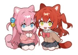  2girls :d animal_ears black_skirt black_socks blue_eyes bocchi_the_rock! bow bowtie brown_cardigan brown_shoes cardigan cat_ears cat_girl cat_tail chibi chibi_only closed_mouth cube_hair_ornament full_body gotoh_hitori hair_between_eyes hair_ornament haru_(ririne9999rine) highres jacket kemonomimi_mode kita_ikuyo long_hair long_sleeves looking_at_viewer multiple_girls one_side_up open_mouth pink_hair pink_jacket pleated_skirt red_bow red_bowtie red_hair sailor_collar school_uniform seiza shoes shuka_high_school_uniform simple_background sitting skirt smile socks tail track_jacket white_background white_sailor_collar white_socks yellow_eyes 