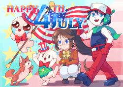  2boys 2girls :d abstract_background absurdres american_flag android animal_ear_fluff artist_request bald baseball_cap belt belt_buckle black_belt black_hair black_shirt black_shoes blue_eyes bow bowtie brown_fur brown_hair brown_jacket brown_shoes brown_sleeves brown_tail buckle cave_story colored_skin commentary company_connection confetti cropped_jacket crossed_arms crying diagonal-striped_background dog doggo_(dungreed) dot_nose dress dungreed english_commentary fish_necklace flag floppy_ears fourth_of_july full_body furry furry_female glasses gloves green_scarf green_vest grey_dress half_updo hat highres holding holding_flag isaac_(the_binding_of_isaac) jacket joints july knees_together_feet_apart laces lapels long_hair looking_at_another looking_at_viewer looking_up mimiga multiple_boys multiple_girls no_nose notched_lapels official_art open_hands open_mouth outstretched_arms padded_vest pants pleated_dress ponytail print_hat quote_(cave_story) red_bow red_bowtie red_gloves red_hat red_pants remi_(remilore) remilore_~shoujo_to_isekai_to_madousho~ rimless_eyewear robot_ears robot_joints round_eyewear scarf second-party_source shadow shiba_inu shirt shoes short_dress sidelocks sleeveless sleeveless_shirt smile soles spread_arms squatting star_(symbol) star_print star_symbol_background streaming_tears striped_background striped_hat tears teeth the_binding_of_isaac thigh-highs tilted_headwear tongue top_hat toroko two-tone_hat upper_teeth_only v-shaped_eyebrows vertical-striped_hat very_long_hair vest walking white_fur white_hat white_skin white_thighhighs yellow_bow yellow_bowtie 