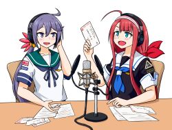  2girls absurdres adapted_costume ahoge akebono_(kancolle) badge blue_eyes blue_neckerchief blue_sailor_collar commentary english_commentary envelope flower hair_flower hair_ornament headphones highres kantai_collection kawakaze_(kancolle) microphone microphone_stand multiple_girls neckerchief paper pop_filter purple_hair red_hair sailor_collar sailor_shirt samusara school_uniform serafuku shirt short_sleeves side_ponytail white_sailor_collar white_shirt 
