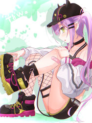  1girl absurdres bandaid bandaid_on_leg bibi_(tokoyami_towa) black_choker black_hat black_shirt black_shoes black_shorts blush character_name choker commentary_request cropped_jacket demon_girl demon_tail ear_piercing fishnet_thighhighs fishnets green_eyes hair_ornament hairpin hat highres hololive jacket long_hair looking_at_viewer multicolored_hair nail_polish o-ring o-ring_choker open_mouth piercing pink_hair pink_nails purple_hair shirt shoes shorts solo tail thigh-highs tokoyami_towa tokoyami_towa_(1st_costume) twintails two-tone_hair u_da_desu virtual_youtuber white_jacket 