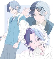 1boy animal_ears aoyagi_touya arm_up bag blue_background blue_eyes blue_hair blue_necktie blue_sweater_vest border clenched_hand closed_mouth collared_shirt commentary curtained_hair dog_ears eyewear_on_head hand_up headphones highres jewelry lapels llli_illli_illl long_sleeves looking_at_viewer male_focus mole mole_under_eye multicolored_hair multicolored_necktie multiple_views necktie notched_lapels official_alternate_hairstyle omoi_wo_nosete!_dream_stage_(project_sekai) outside_border parted_lips project_sekai ring school_uniform shirt split-color_hair sunglasses sweater_vest symbol-only_commentary two-tone_hair watch watch white_border white_shirt 