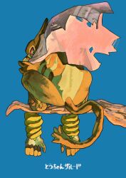  blue_background branch character_name clothed_pokemon colored_sclera commentary_request full_body highres looking_at_viewer monkey no_humans ookiitora128706 pokemon pokemon_(creature) pokemon_focus purple_scarf red_eyes red_sclera scarf simple_background solo tail torn_clothes torn_scarf zarude zarude_(dada) 