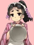  1girl ace_attorney apron bad_hands black_eyes black_hair highres holding holding_tray japanese_clothes jinxie_tenma kimono long_hair looking_at_viewer maid_headdress ofuda otowa_piano parted_bangs phoenix_wright:_ace_attorney_-_dual_destinies pink_background ponytail shide solo thick_eyebrows tray upper_body wa_maid wide_sleeves 