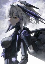  1girl absurdres black_bodysuit bodysuit breasts chin_guard closed_mouth commentary_request cyborg grey_hair hair_between_eyes hair_ornament headgear highres joints looking_at_viewer mecha_musume mechanical_arms mechanical_wings medium_breasts medium_hair profile punishing:_gray_raven robot_joints rosetta:_rigor_(pgr) rosetta_(pgr) sidelocks solo standing takamatu_hajime upper_body wide_ponytail wings x_hair_ornament yellow_eyes 