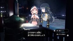  2girls armor arrow_(symbol) black_gloves black_shirt black_shorts blue_dress blue_eyes blue_gem blue_hair blue_ribbon blunt_bangs bodystocking breastplate bridal_gauntlets brooch brown_bridal_gauntlets cloak commentary_request covered_navel cowboy_shot crescent crescent_necklace crop_top dialogue_box dialogue_options dot_nose downturned_eyes dress expressionless frown gem gloves hood hood_up hooded_cloak jewelry long_hair long_sleeves looking_at_another looking_at_object magia_record:_mahou_shoujo_madoka_magica_gaiden magical_girl mahou_shoujo_madoka_magica miniskirt multiple_girls nanami_yachiyo neck_ribbon necklace night open_mouth outdoors parody parted_lips pauldrons pink_eyes pink_gem pink_hair pink_skirt pleated_skirt pointy_nose ribbon samidare_(hoshi) scroll shirt shirt_under_dress shorts shorts_under_skirt shoulder_armor shrine sidelocks skirt sleeveless sleeveless_dress standing string tamaki_iroha the_legend_of_zelda the_legend_of_zelda:_breath_of_the_wild translation_request turtleneck turtleneck_shirt veil white_cloak white_veil 