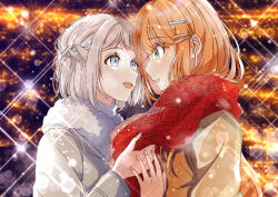  2girls absurdres argyle_clothes argyle_scarf blue_eyes blue_ribbon blurry blush bokeh braid brown_coat coat commentary_request depth_of_field enpera eye_contact fingernails fur-trimmed_coat fur_trim gakuen_idolmaster green_eyes grey_hair hair_ribbon half_up_braid highres idolmaster katsuragi_lilja long_hair looking_at_another multiple_girls orange_hair red_scarf ribbon ribbon_braid scarf shiun_sumika short_hair smile straight_hair suzuka_202224 upper_body yuri 
