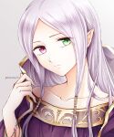 1girl closed_mouth collarbone commentary_request fire_emblem fire_emblem:_the_binding_blade forehead gold_trim green_eyes grey_background hair_ornament hair_tubes heterochromia highres idunn_(fire_emblem) jewelry light_purple_hair long_hair looking_at_viewer parted_bangs pointy_ears purple_robe robe shirokuroma_29 simple_background solo twitter_username violet_eyes 