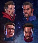  4boys avengers_(series) beard benedict_cumberbatch blue_eyes brown_eyes brown_hair captain_america captain_america_(series) chris_evans chris_hemsworth closed_mouth doctor_strange doctor_strange_(series) doctor_strange_in_the_multiverse_of_madness english_commentary facial_hair grey_hair highres iron_man iron_man_(series) looking_ahead looking_at_viewer male_focus marvel marvel_cinematic_universe mature_male multicolored_hair multiple_boys mustache portrait power_armor power_suit robert_downey_jr. seung_eun_kim short_hair starry_background steve_rogers stubble superhero thor_(marvel) tony_stark two-tone_hair wizard 