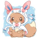  :3 blush_stickers bow brown_eyes capelet clothed_pokemon cosplay eevee full_body highres holding holding_ribbon hood hooded_capelet kana_(maple926) multicolored_bow open_mouth pink_bow pokemon pokemon_(creature) ribbon sitting smile solo sylveon sylveon_(cosplay) white_bow 