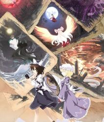  6+girls adapted_costume artist_request back_bow belt black_belt black_hair black_skirt blonde_hair book boots bow brown_hair dusk fedora fiery_wings fujiwara_no_mokou gap_(touhou) hat houraisan_kaguya long_hair maribel_hearn mob_cap moon moriya_suwako multiple_girls murasa_minamitsu night non-web_source object_request rabbit reading remilia_scarlet scarlet_devil_mansion shirt skirt snake source_request the_sealed_esoteric_history touhou usami_renko water white_hair white_shirt wings yakumo_yukari 