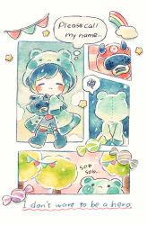  1boy absurdres blush_stickers candy closed_eyes clouds colored_pencil_(medium) commentary_request english_text food highres hood hooded_coat maimaimaigoen male_focus multiple_views painting_(medium) rainbow raincoat sleeves_past_fingers sleeves_past_wrists speech_bubble spoken_squiggle squiggle thought_bubble traditional_media tree wataru_(maimaimaigoen) watercolor_(medium) wrapped_candy yukichi_0611 