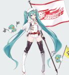  1girl absurdres bird blue_eyes blue_hair boots checkered_flag closed_mouth clothing_cutout fingerless_gloves flag gloves hand_on_own_hip hat hatsune_miku highres holding holding_flag light_blush long_hair looking_at_viewer noneon319 racing_miku racing_miku_(2023) shoulder_cutout simple_background smile thigh_boots twintails very_long_hair vocaloid 