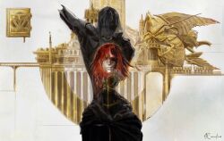  1boy 1girl arm_up black_robe broken_statue chenyangforone cityscape commentary convenient_censoring cracked_skin dragon elden_ring elden_ring_(object) english_commentary erdtree_(elden_ring) great_rune_(elden_ring) highres in-universe_location medium_hair muscular queen_marika_the_eternal radagon_of_the_golden_order red_hair robe sigil signature statue upper_body 