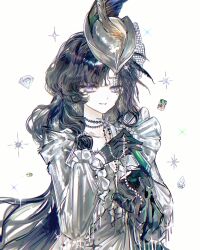  1girl absurdres black_gloves black_hair chinese_commentary commentary_request diamond_(gemstone) fishnet_veil gloves grey_hat grey_jacket grin hands_up hat highres holding holding_jewelry holding_necklace isolde_(and_all_that_jazz)_(reverse:1999) isolde_(reverse:1999) jacket jewelry long_hair looking_at_viewer necklace official_alternate_costume pearl_necklace reverse:1999 smile solo sparkle upper_body violet_eyes weiyan_(nbnbmwnl) white_background 