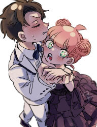  1boy 1girl :o ahoge antenna_hair anya_(spy_x_family) black_shoes blush brown_hair child closed_eyes commentary_request couple damian_desmond dancing double_bun dress feet_out_of_frame flustered frilled_dress frills green_eyes hair_bun hand_on_another's_chest hetero holding_hands jacket lapels long_sleeves looking_at_viewer off-shoulder_dress off_shoulder open_clothes open_jacket pants peanuts_omr pinstripe_pattern pinstripe_shirt shirt shoes short_hair signature simple_background spy_x_family standing suit sweat twitter_username white_background white_jacket white_pants white_shirt white_suit 