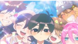  2girls 4boys animal_ear_headphones animal_ears antenna_hair aubrey_(birthday)_(omori) aubrey_(faraway)_(omori) aubrey_(omori) baseball_cap basil_(birthday)_(omori) basil_(faraway)_(omori) basil_(omori) black_eyes black_hair blonde_hair blue_eyes blue_jacket blue_sky bright_pupils brother_and_sister brothers brown_hair brown_hat closed_eyes collared_jacket commentary_request dark-skinned_male dark_skin day double-parted_bangs fake_animal_ears grey_hat grin hair_between_eyes hair_ornament hairclip hat headphones headscarf hero_(birthday)_(omori) hero_(faraway)_(omori) hero_(omori) jacket kauchi_(kani10cauchi) kel_(birthday)_(omori) kel_(faraway)_(omori) kel_(omori) long_hair looking_at_viewer mari_(birthday)_(omori) mari_(faraway)_(omori) mari_(omori) multiple_boys multiple_girls newsboy_cap omori open_mouth outdoors pink_hair rabbit_ear_headphones rabbit_ears short_hair siblings sky smile sunny_(birthday)_(omori) sunny_(omori) teeth tongue upper_teeth_only white_headscarf white_pupils 