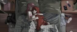  2girls cellphone closed_eyes closed_mouth commentary hair_down highres hug jinx_(league_of_legends) kid_sppinarl league_of_legends long_hair lux_(league_of_legends) lying multiple_girls on_bed phone pillow pink_hair pink_tank_top red_hair sleeping slippers smartphone star_guardian_jinx star_guardian_lux tank_top under_covers yuri 