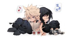  1boy 1girl 4k1030 absurdres back-to-back bandaid bandaid_on_face bandaid_on_nose bare_shoulders black_hair black_pants black_shirt black_shorts black_vest blonde_hair blue_eyes book closed_eyes closed_mouth cloud_strife commentary cup english_commentary final_fantasy final_fantasy_vii final_fantasy_vii:_advent_children full_body highres holding holding_pen long_hair midriff_peek musical_note open_book pants pen shirt short_hair shorts sitting sleeping sleeveless sleeveless_shirt smile spiky_hair spoken_musical_note spoken_zzz tifa_lockhart twitter_username vest zzz 