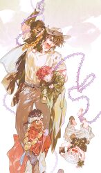  5boys aged_down arm_guards artist_name bandages bandages_over_eyes battle_tendency belt black_hair black_hat blue_eyes brown_hair brown_hat brown_pants carrying carrying_over_shoulder carrying_person carrying_under_arm chain coat commentary_request cowboy_hat flattop gloves green_coat hat headband hermit_purple highres hugging_another's_leg jean_pierre_polnareff jewelry jojo_no_kimyou_na_bouken joseph_joestar kakyoin_noriaki kujo_jotaro male_focus mohammed_avdol multiple_boys necklace oversized_clothes pants peaked_cap polo_shirt red_hair red_robe robe shirt_tucked_in stardust_crusaders sweat untabunta wavy_mouth white_gloves white_hair white_headband 