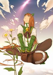  1girl animal_ears black_bow black_gloves black_pantyhose blue_eyes blunt_bangs bow brooch clouds commentary_request dandelion ear_covers flower gloves green_eyes green_sailor_collar green_sleeves hair_ornament hime_cut horse_ears horse_girl horse_tail horseshoe jewelry long_hair long_sleeves looking_up oki_(koi0koi) open_mouth orange_hair orange_tail pantyhose pleated_skirt sailor_collar shirt shoes shooting_star silence_suzuka_(innocent_silence)_(umamusume) silence_suzuka_(umamusume) sitting skirt sky smile solo tail umamusume white_shirt white_skirt 